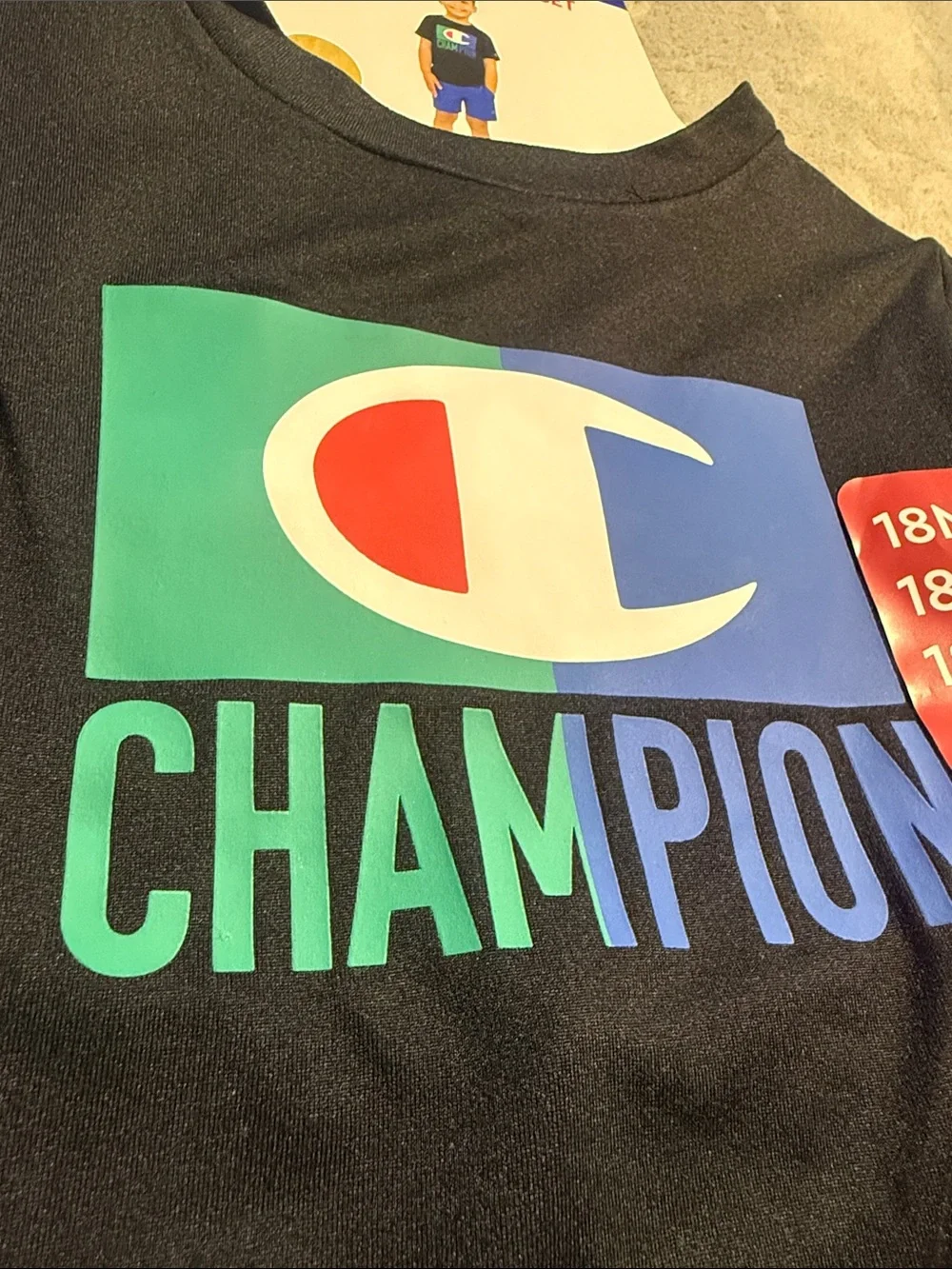 Champion Black Tee with Multicolor Logo & Blue Shorts